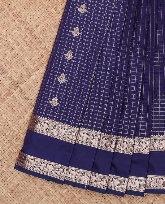Navy Budget Silk Saree, Detailed with Zari Buttas and Checks, Highlighted by Traditional Zari Rettai Pettu Border, Contrast Grand Pallu, and a Contrast Blouse