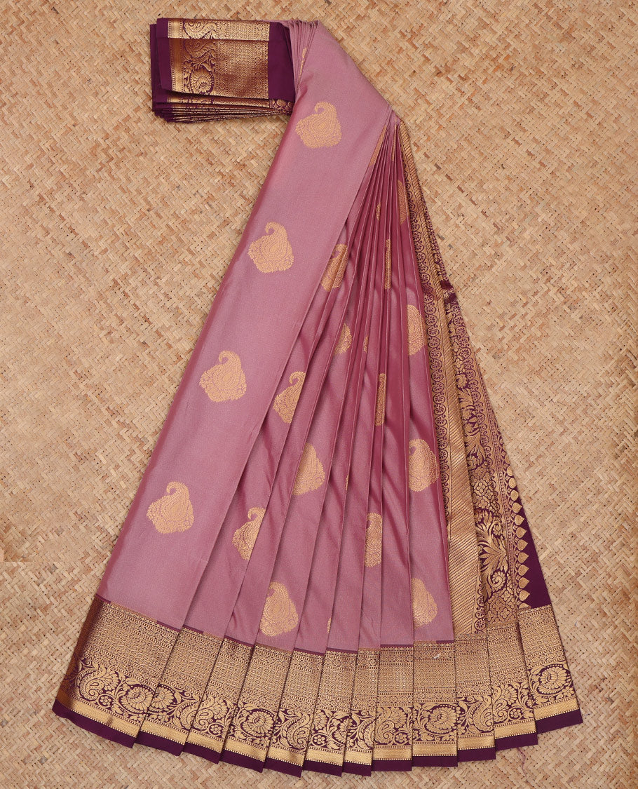 Rosewood Pink Budget Silk Saree, Spotlighted with Zari Buttas, a Contrast Traditional Border, Grand Pallu, and a Contrast Blouse
