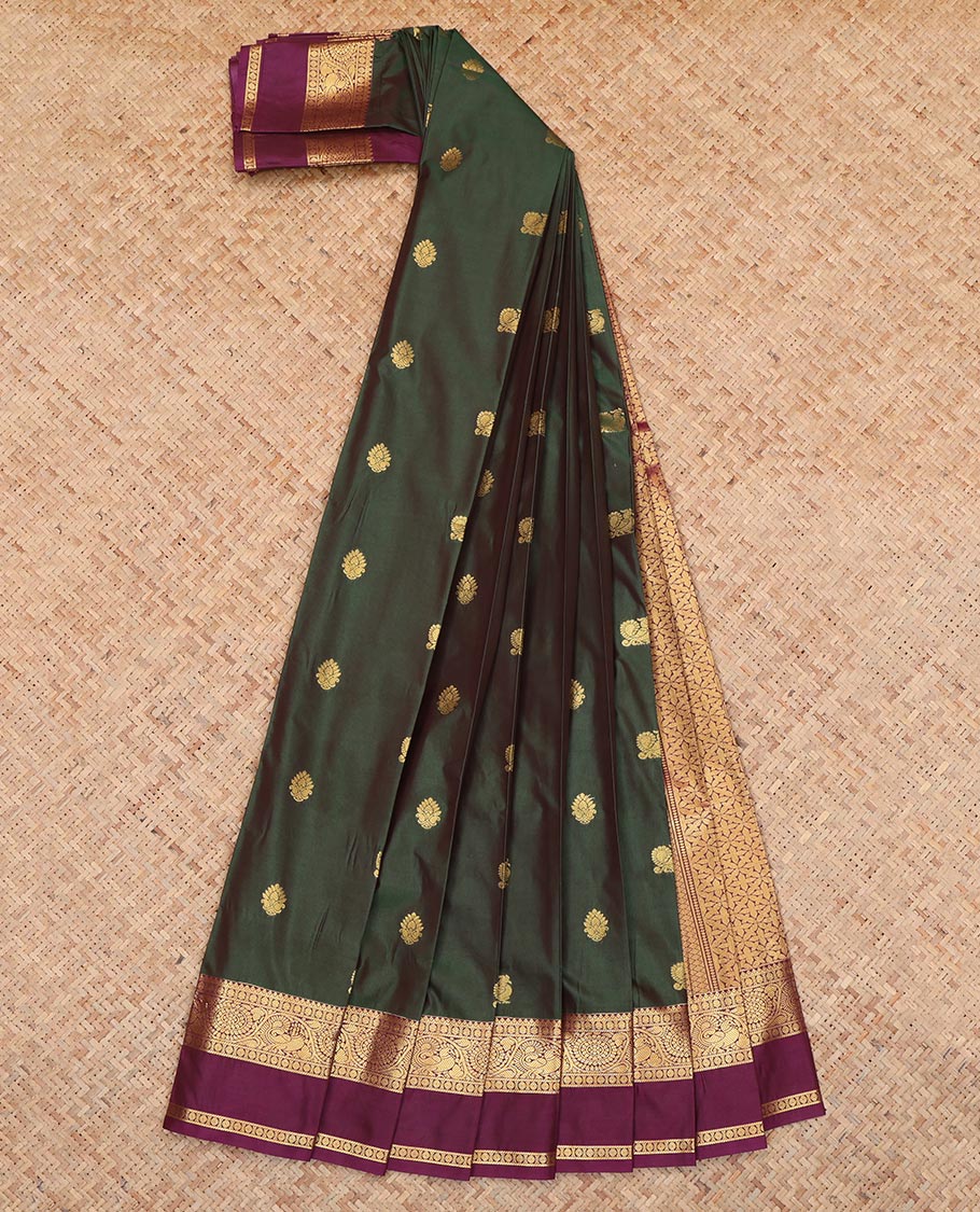 Green Budget Silk Saree, Crafted with Zari Buttas, a Contrast Traditional Zari Rettai Pettu Border, a Jaal Pallu and a Contrast Blouse