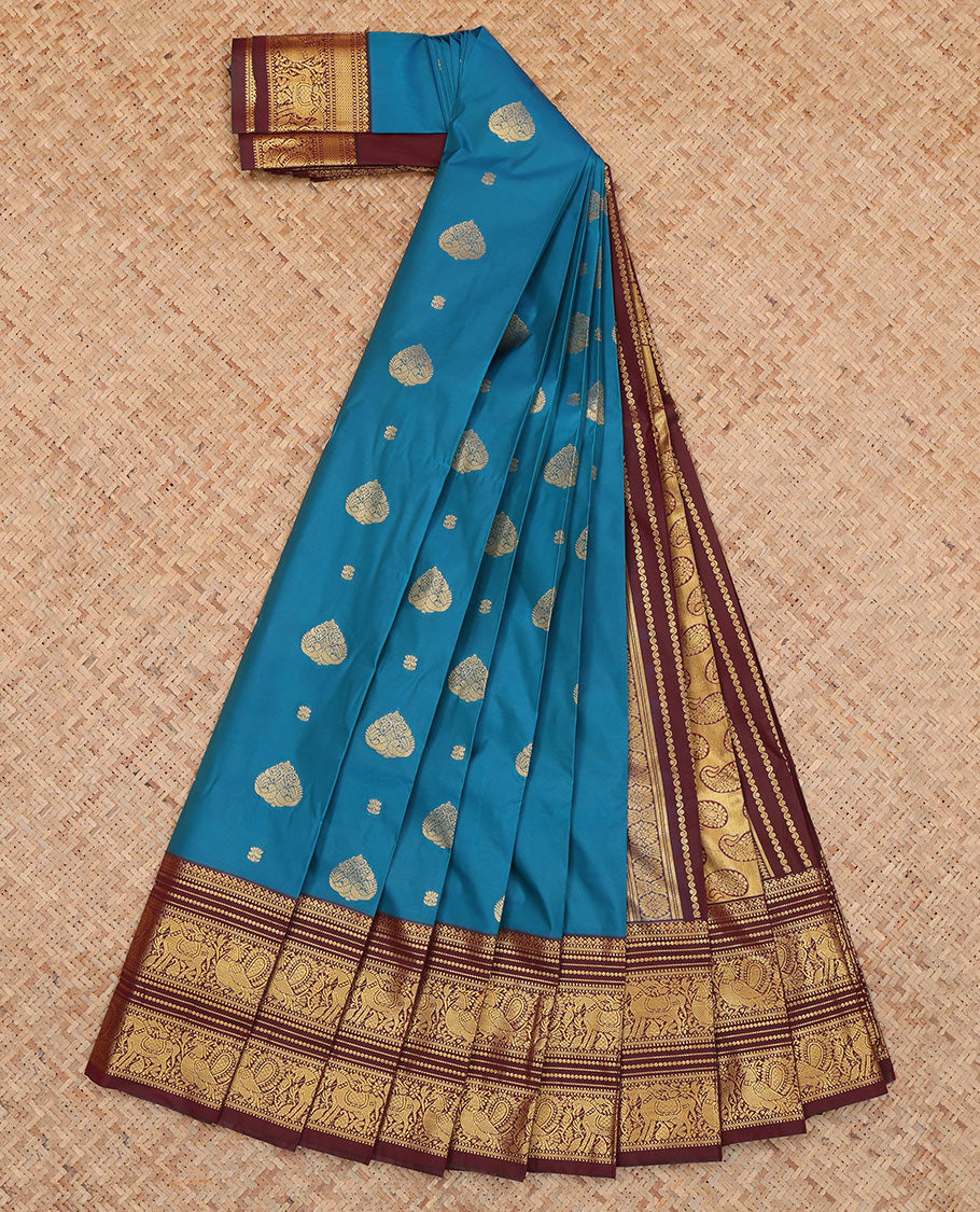 Blue Budget Silk Saree, Spotlighted with Zari Buttas, Complemented by Contrast Traditional Zari Border, a Grand Pallu and a Contrast Blouse