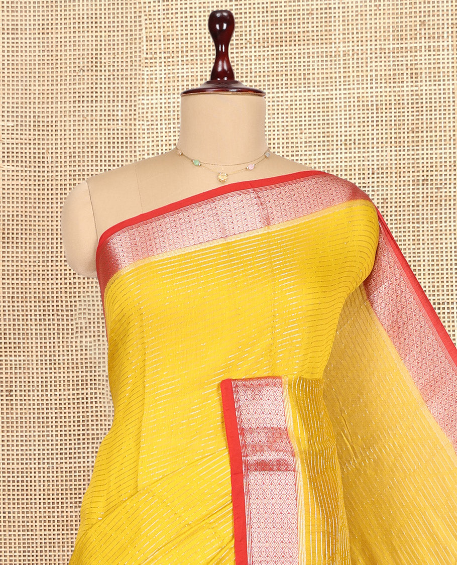 Yellow Assam Silk Saree, Subtly Sparkled with Zari Stripes, Complemented by Contrast Jaal Zari Design Border,  Zari Woven Pallu, and Contrast Blouse