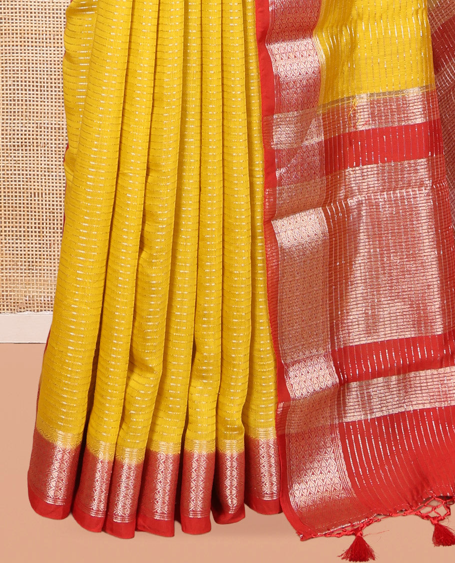 Yellow Assam Silk Saree, Subtly Sparkled with Zari Stripes, Complemented by Contrast Jaal Zari Design Border,  Zari Woven Pallu, and Contrast Blouse