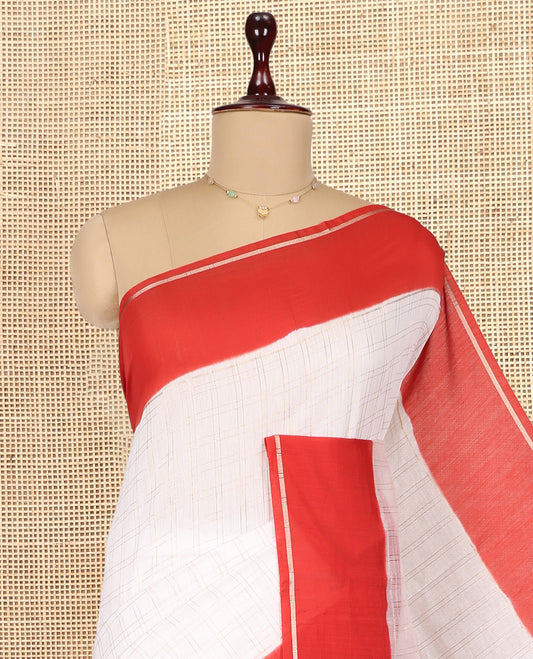 White Assam Silk Saree, Decked Up with Zari Checks, Complemented by Contrast Zari Border,  Zari Woven Pallu, and Contrast Blouse