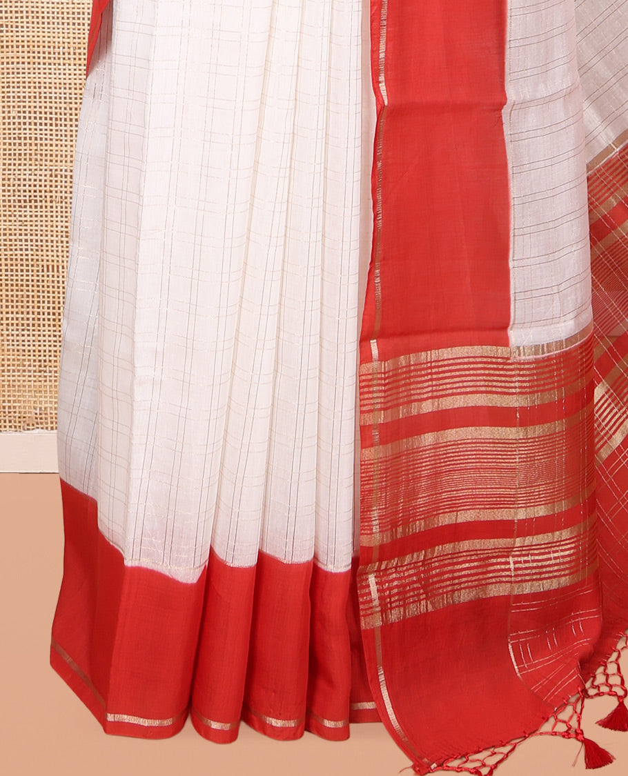 White Assam Silk Saree, Decked Up with Zari Checks, Complemented by Contrast Zari Border,  Zari Woven Pallu, and Contrast Blouse
