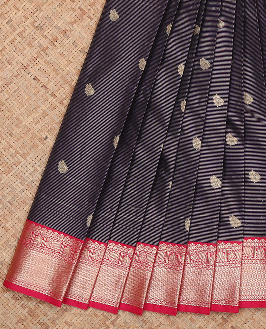 Black Budget Silk Saree, Bedecked with Zari Buttas and Stripes, Complemented by a Contrast Traditional Zari Border, Grand Jaal Pallu, and Contrast Blouse