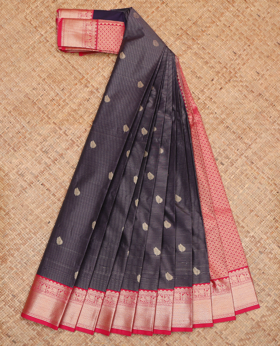 Black Budget Silk Saree, Bedecked with Zari Buttas and Stripes, Complemented by a Contrast Traditional Zari Border, Grand Jaal Pallu, and Contrast Blouse