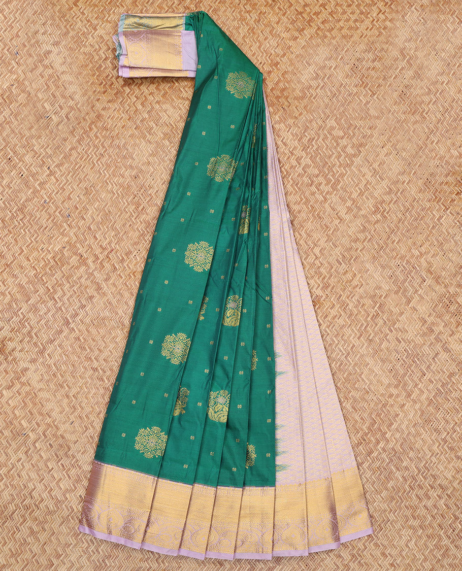 Green Budget Silk Saree, Embellished with Zari Buttas, Complemented by a Contrast Traditional Zari Border, Grand Jaal Pallu, and Contrast Blouse