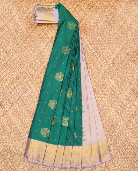 Green Budget Silk Saree, Embellished with Zari Buttas, Complemented by a Contrast Traditional Zari Border, Grand Jaal Pallu, and Contrast Blouse