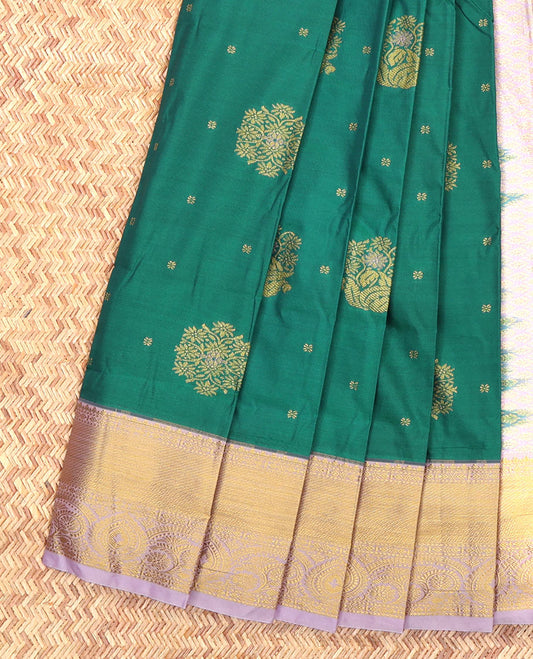 Green Budget Silk Saree, Embellished with Zari Buttas, Complemented by a Contrast Traditional Zari Border, Grand Jaal Pallu, and Contrast Blouse