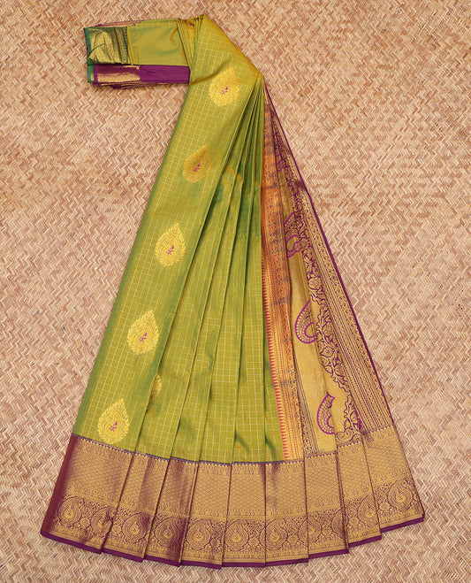 Green Budget Silk Saree Showcasing Zari Buttas and Checks, a Contrast Traditional Zari Border, Grand Pallu, and a Contrast Blouse