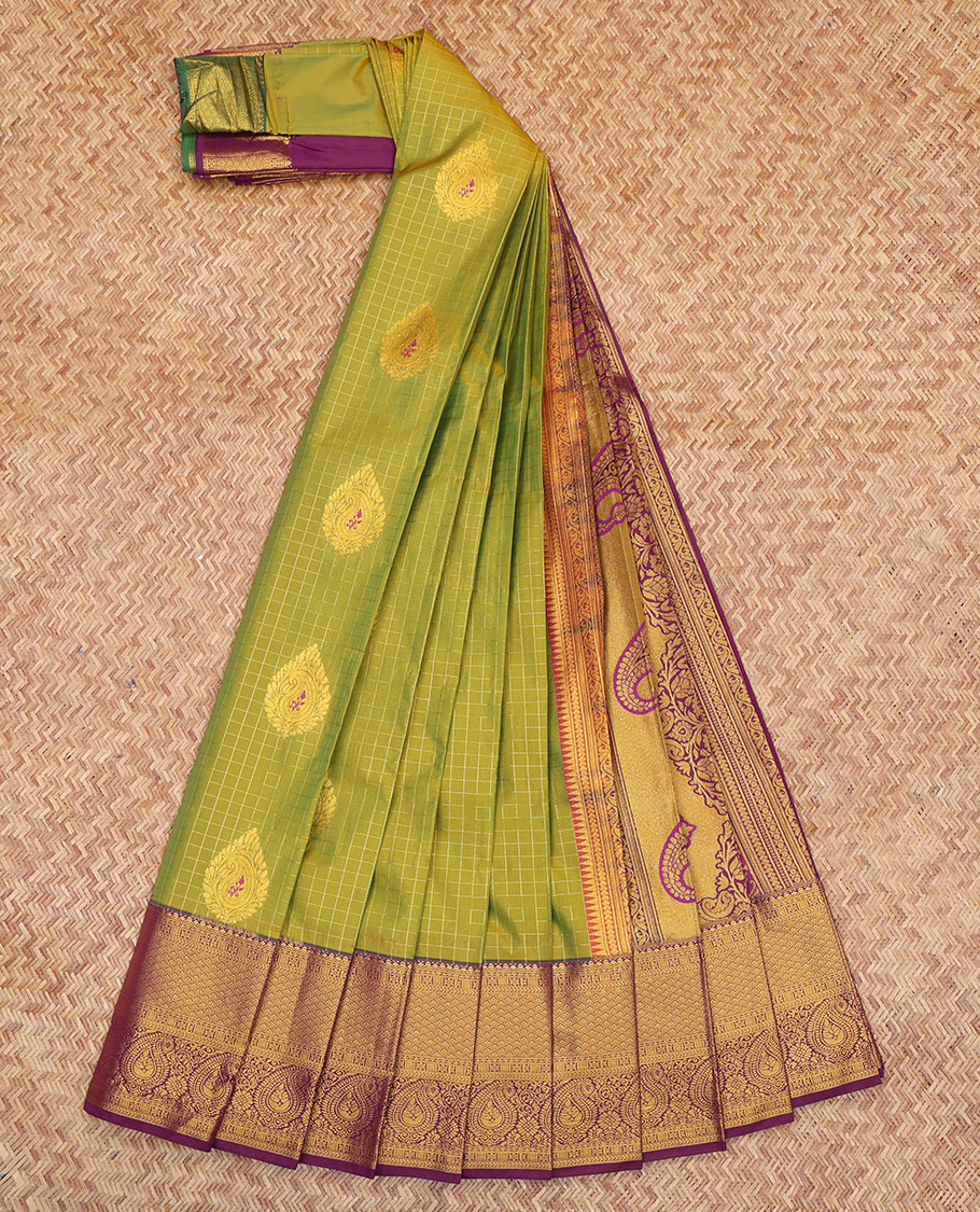 Green Budget Silk Saree Showcasing Zari Buttas and Checks, a Contrast Traditional Zari Border, Grand Pallu, and a Contrast Blouse