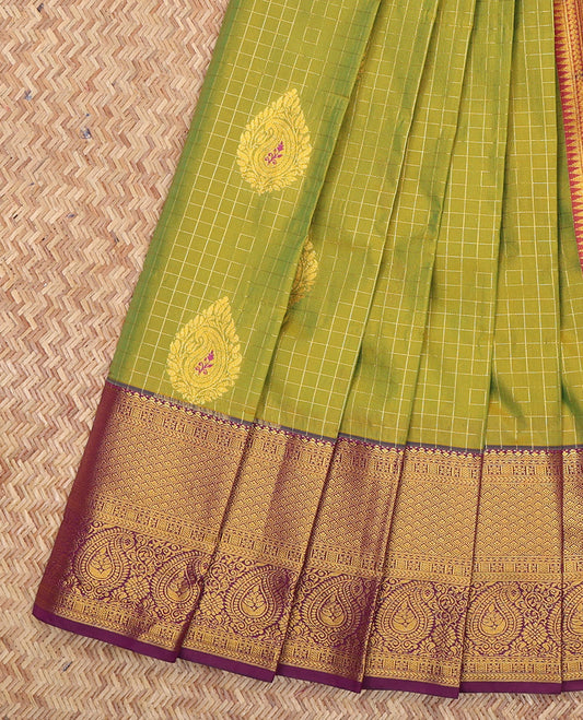 Green Budget Silk Saree Showcasing Zari Buttas and Checks, a Contrast Traditional Zari Border, Grand Pallu, and a Contrast Blouse