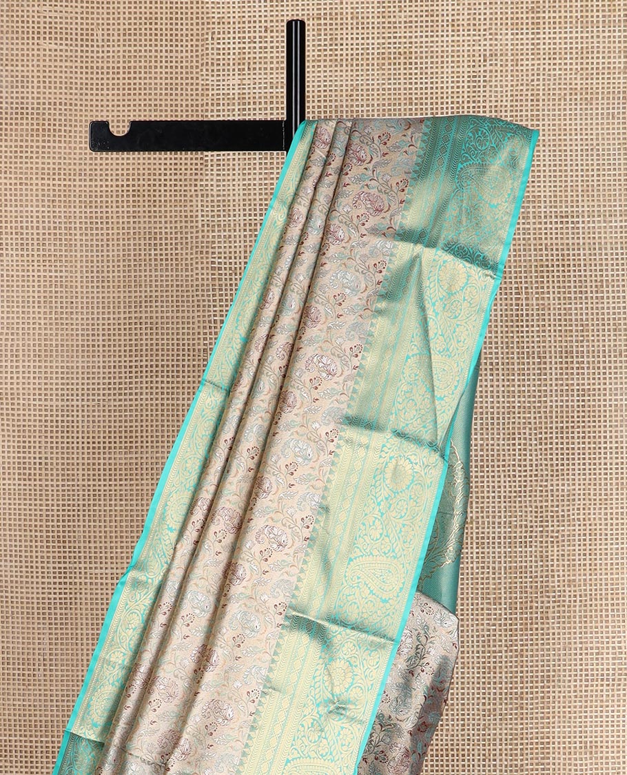 Beige floral Paisley jacquard budget silk saree, contrast traditional zari border, and zari woven intricate pallu