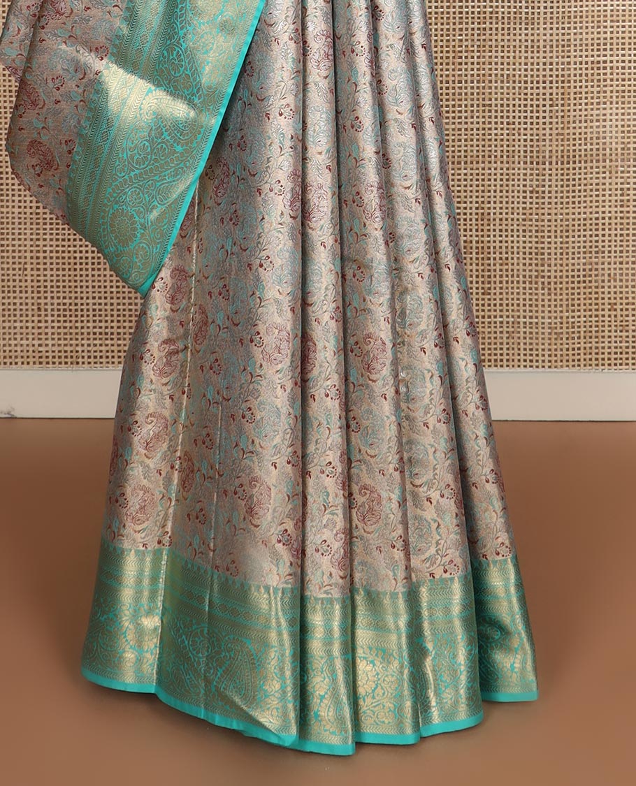 Beige floral Paisley jacquard budget silk saree, contrast traditional zari border, and zari woven intricate pallu