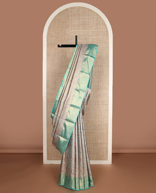 Beige floral Paisley jacquard budget silk saree, contrast traditional zari border, and zari woven intricate pallu