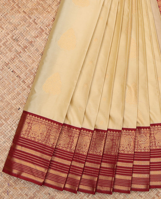 Sandal Budget Silk Saree, Accentuated with Zari Buttas, a Contrast Traditional Zari Ganga-Jamuna Border, Grand Pallu, and a Contrast Blouse