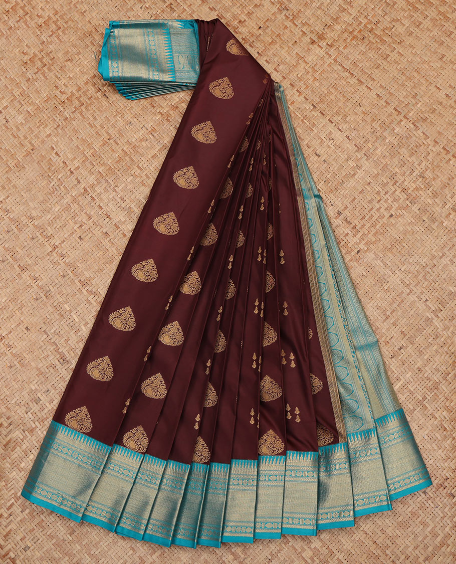 Brown Budget Silk Saree, Ornamented with Zari Buttas, a Contrast Traditional Zari Border, Grand Pallu, and a Contrast Blouse