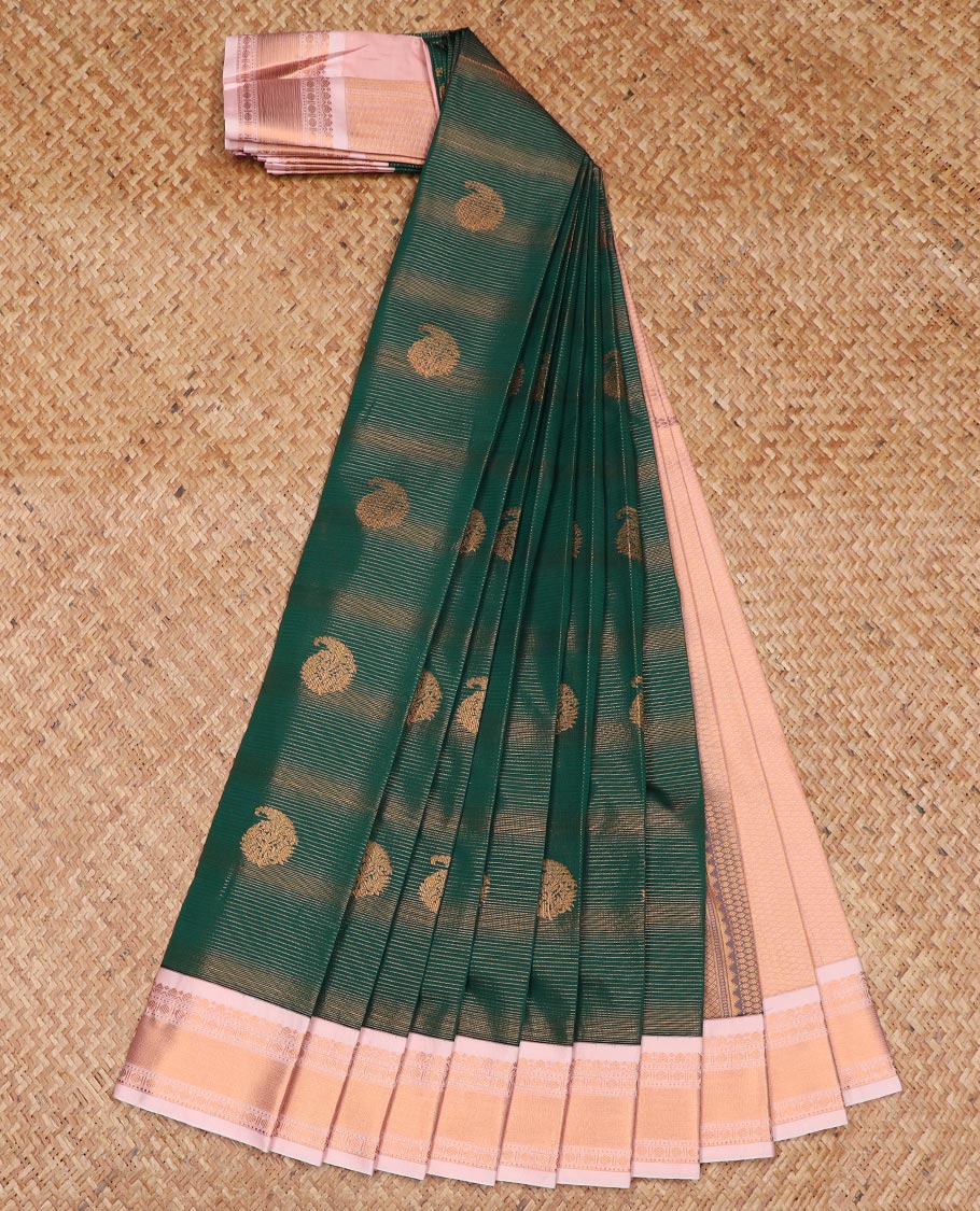 Green zari buttas and striped gift saree, contrast traditional zari design border, and jaal pallu