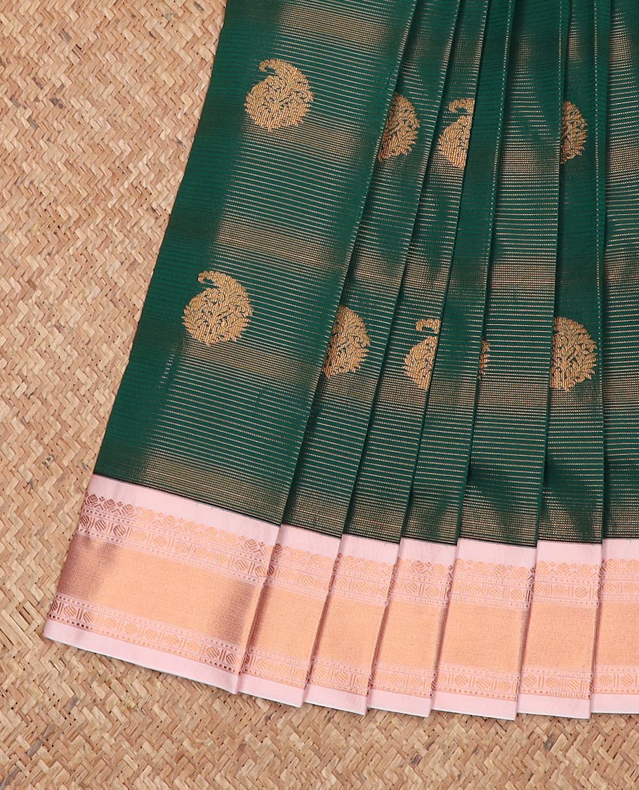 Green zari buttas and striped gift saree, contrast traditional zari design border, and jaal pallu
