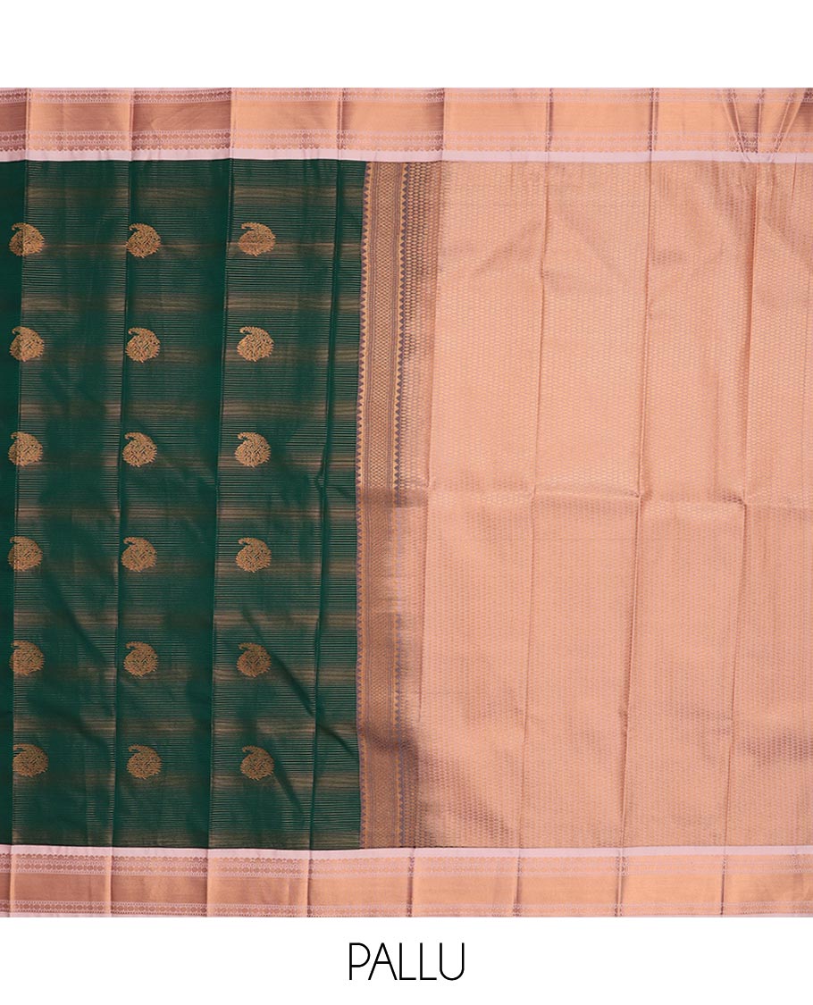 Green zari buttas and striped gift saree, contrast traditional zari design border, and jaal pallu