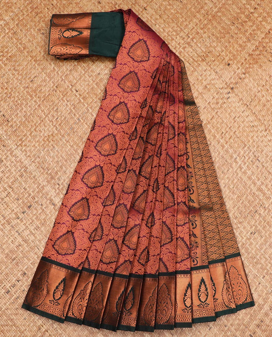 Wine jacquard gift saree, contrast zari border, and ogee patterned pallu