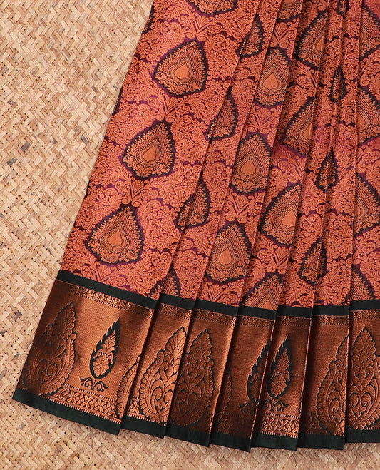 Wine jacquard gift saree, contrast zari border, and ogee patterned pallu