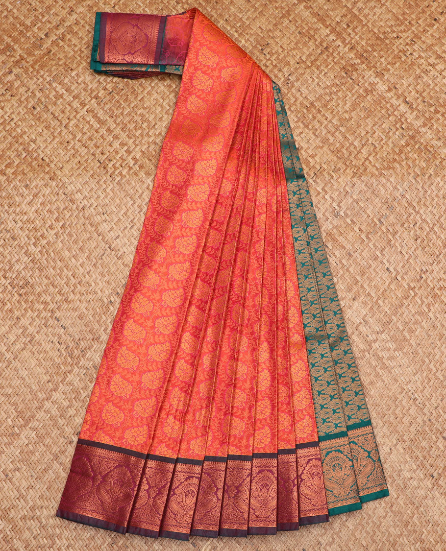 Peach floral jaal jacquard gift saree, contrast traditional zari design border, and intricately zari woven pallu