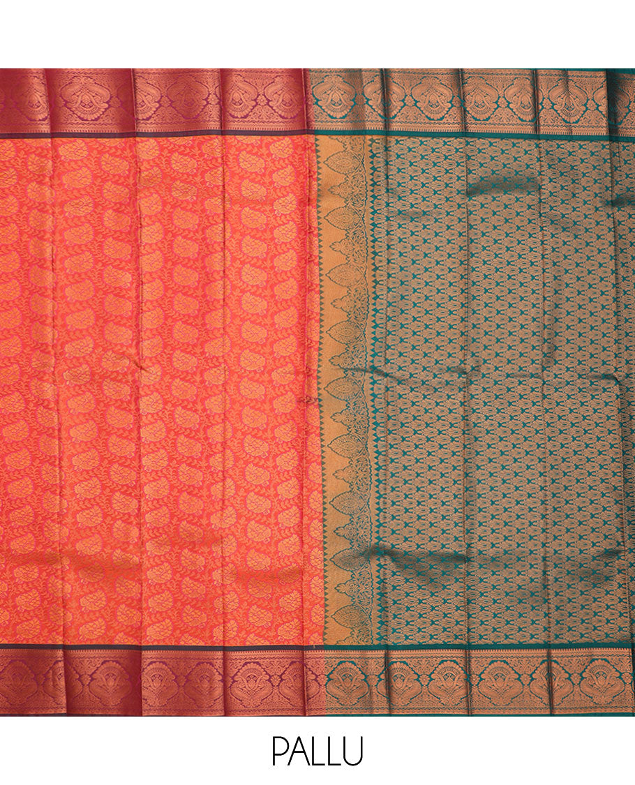 Peach floral jaal jacquard gift saree, contrast traditional zari design border, and intricately zari woven pallu