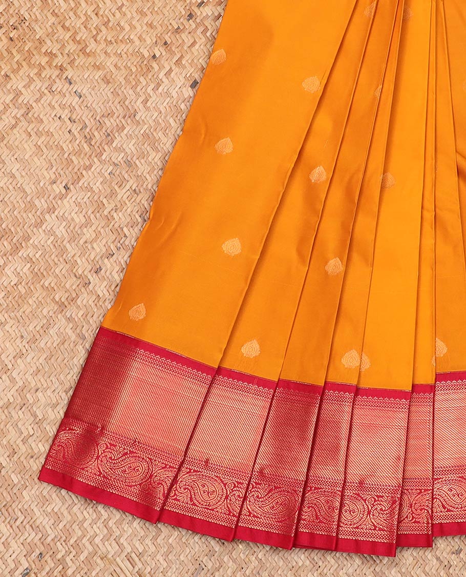 Orange zari buttas gift saree, contrast traditional zari motifs border, and jaal pallu
