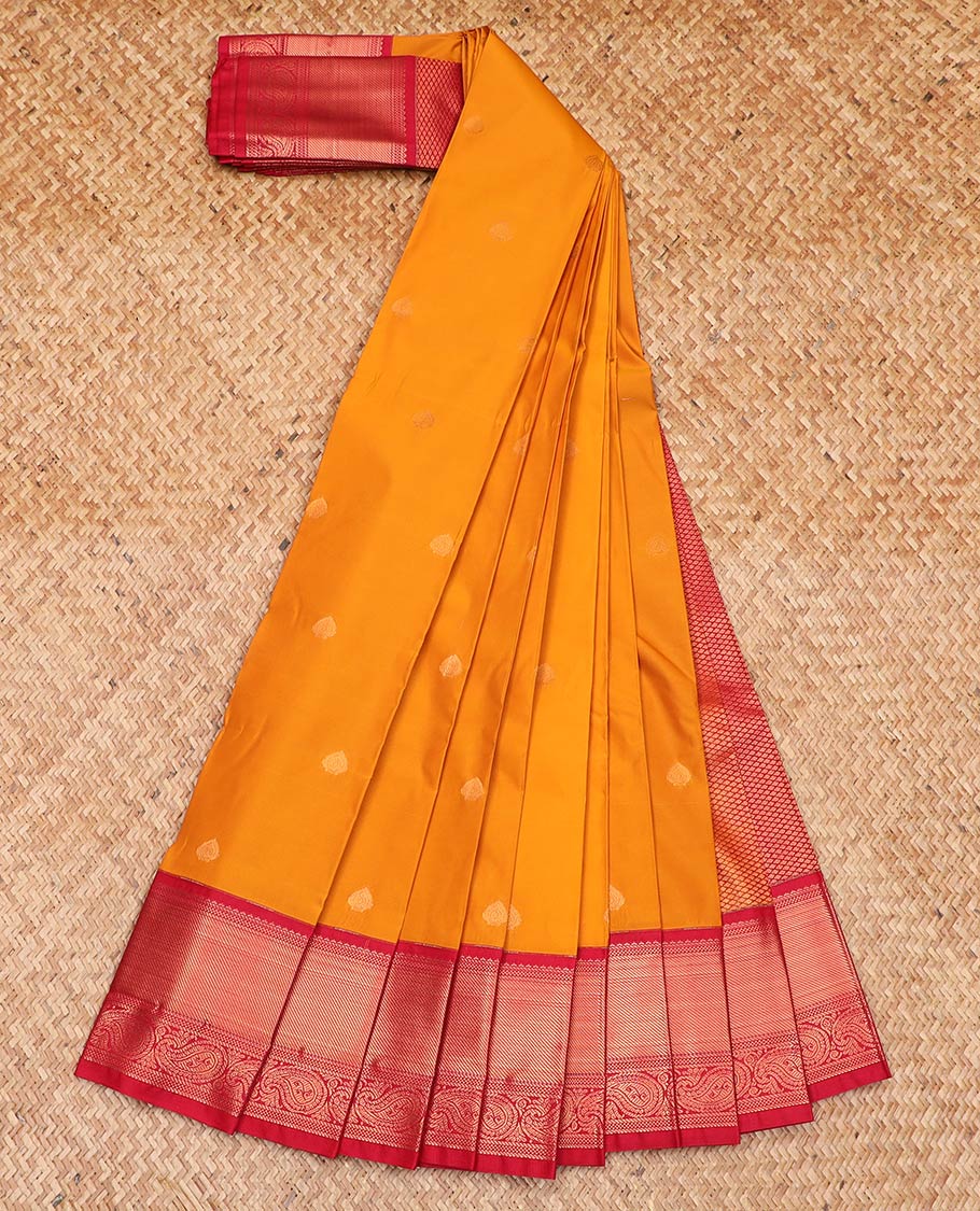 Orange zari buttas gift saree, contrast traditional zari motifs border, and jaal pallu