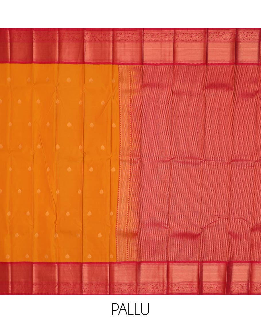 Orange zari buttas gift saree, contrast traditional zari motifs border, and jaal pallu