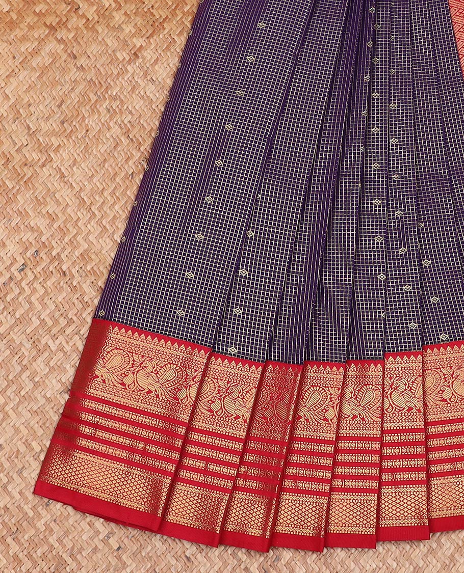 Blue zari buttas and micro-checked gift saree, contrast traditional zari border, and mat textured pallu