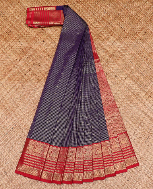 Blue zari buttas and micro-checked gift saree, contrast traditional zari border, and mat textured pallu
