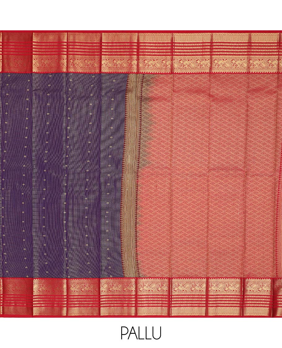 Blue zari buttas and micro-checked gift saree, contrast traditional zari border, and mat textured pallu