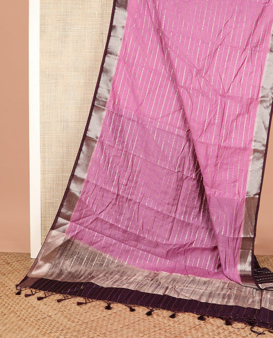 Pink zari striped assam silk saree, contrast jaal patterned border, and zari striped pallu