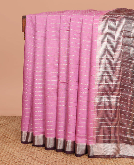 Pink zari striped assam silk saree, contrast jaal patterned border, and zari striped pallu