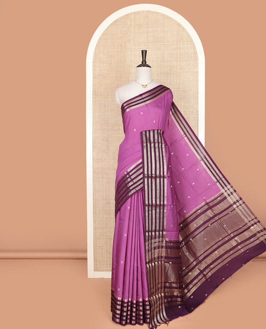 Pale purple zari buttas assam silk saree, contrast traditional zari motifs woven border, and zari striped pallu