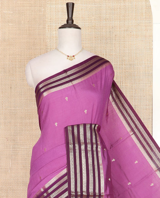 Pale purple zari buttas assam silk saree, contrast traditional zari motifs woven border, and zari striped pallu