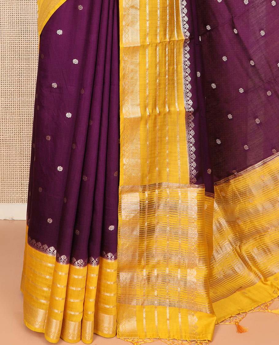 Purple Assam Silk Saree Beautified with Floral Zari Buttas, Complemented by a Contrast Traditional Zari  Design Border, a Captivating Pallu Featuring Zari Designs, and Paired with a Contrast Blouse