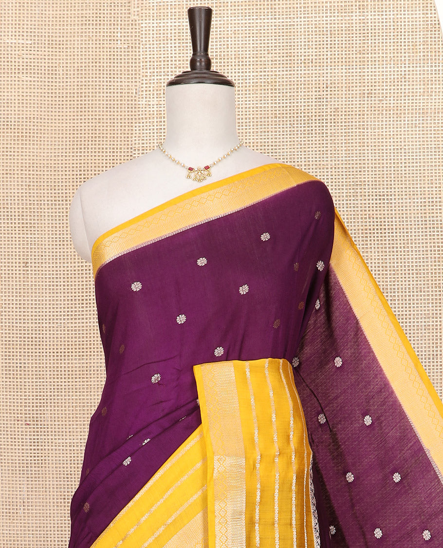 Purple Assam Silk Saree Beautified with Floral Zari Buttas, Complemented by a Contrast Traditional Zari  Design Border, a Captivating Pallu Featuring Zari Designs, and Paired with a Contrast Blouse