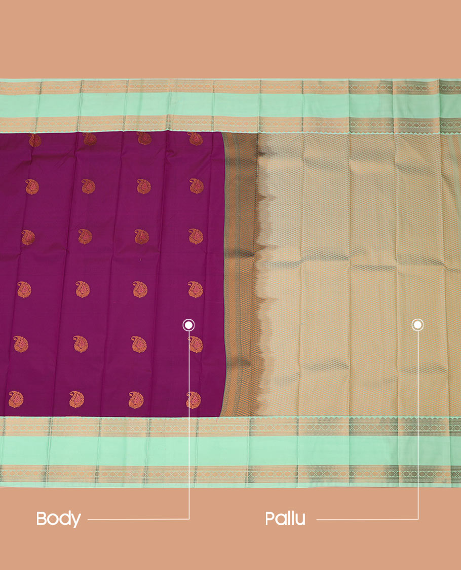 Purple Budget Silk Saree Delicately Woven with Paisley Buttas, Complemented with a Contrast Traditional Zari Design Rettai Pettu Border, Pallu Subtly Woven in Buttas, and Comes with a Contrast Blouse