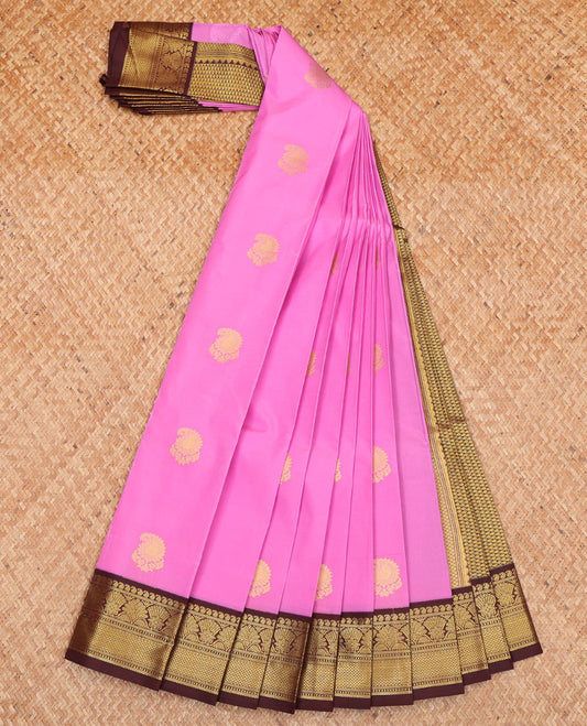Pink Budget Silk Saree, Enriched with Paisley Zari Buttas All Over Its Body, Complemented by a Contrast Border of Traditional Designs, a Grand Pallu of Jaal Designs, and Paired with a Contrast Blouse