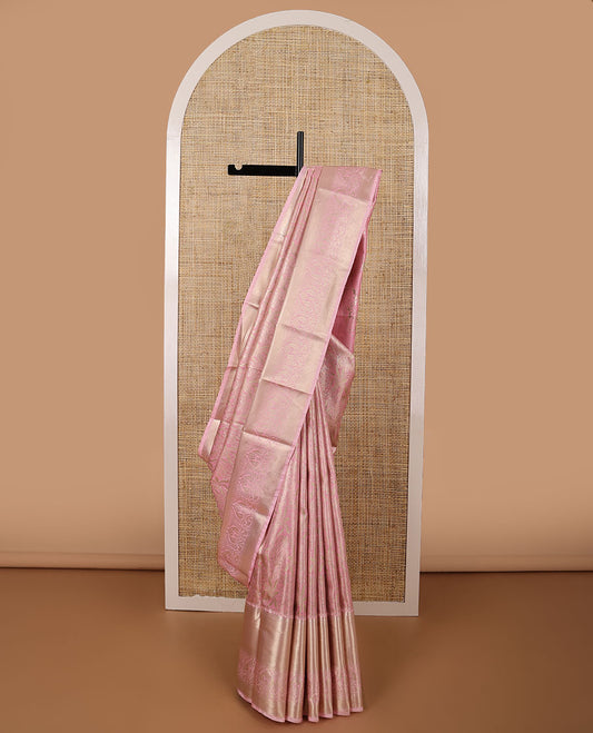 Baby pink floral design budget silk saree with self intricate zari design border & floral design pallu