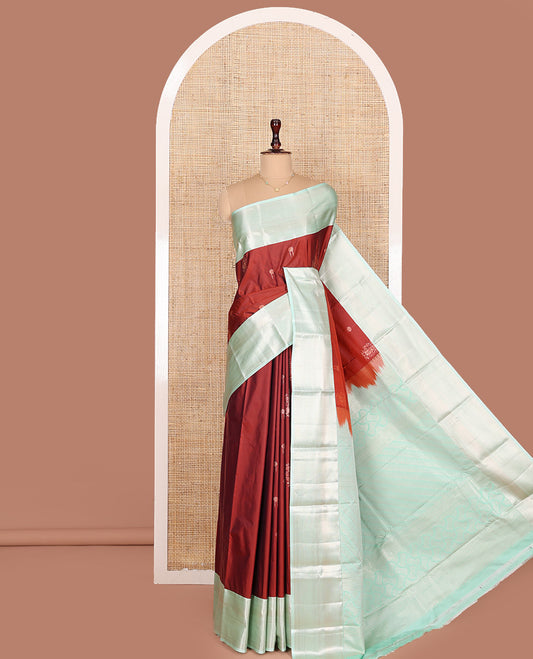 Red Budget Silk Saree, Prettified with Zari Buttas All Over Its Body, Complemented by a Contrast Traditional Zari Designs Woven Border, Opulently Embellished Pallu, and Paired with a Contrast Blouse
