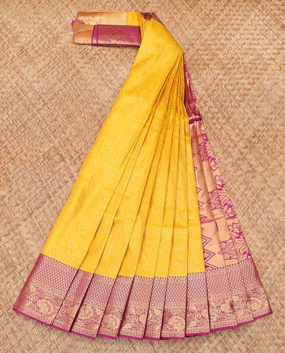 Yellow Budget Silk Saree, Decorated with Jacquard Design, Complemented by Contrast Traditional Zari Border, a Grand Pallu and a Contrast Blouse