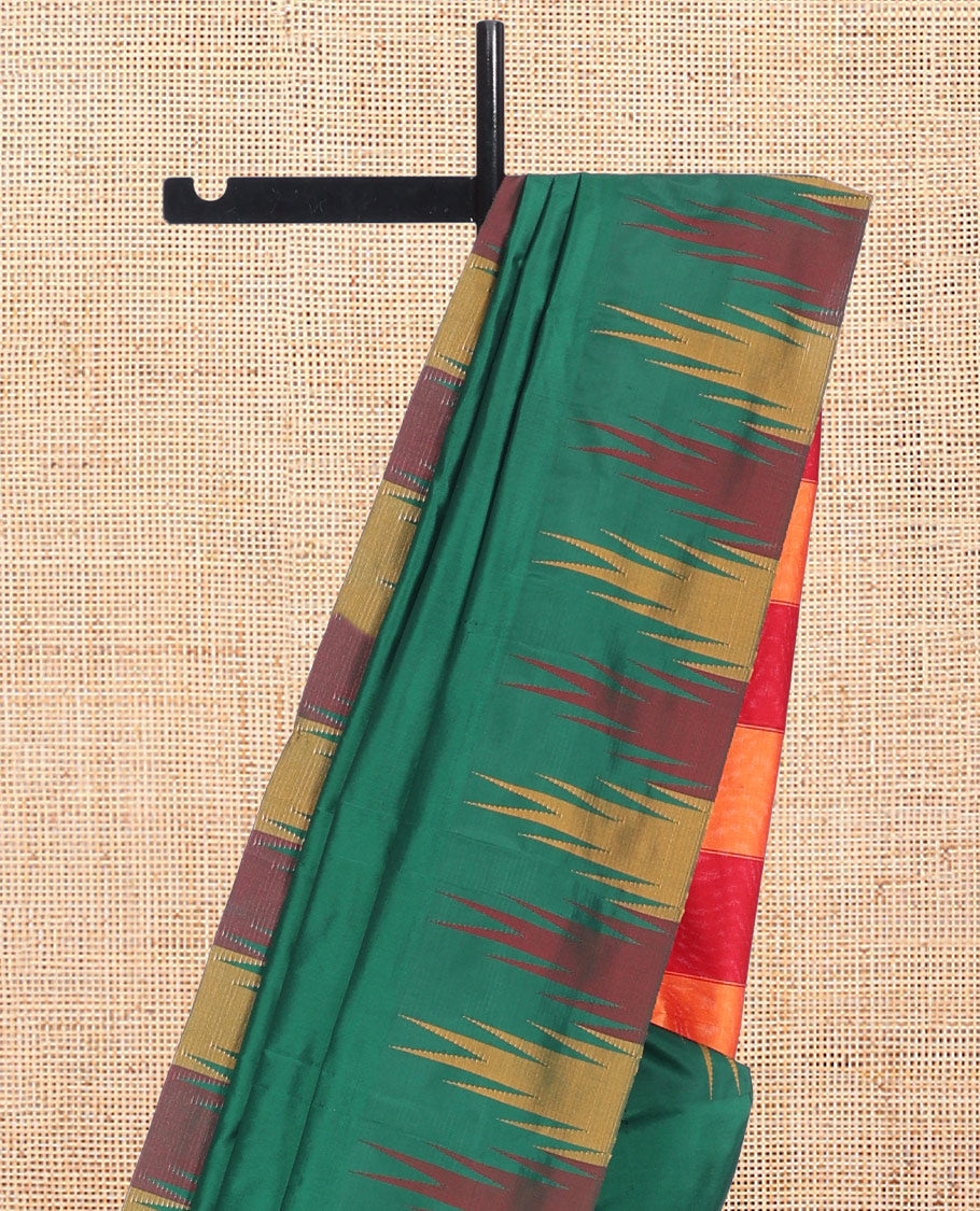 Green Plain Bangalore Silk Saree, Complemented by a Contrast Temple Border, Striped Pallu, and Contrast Blouse