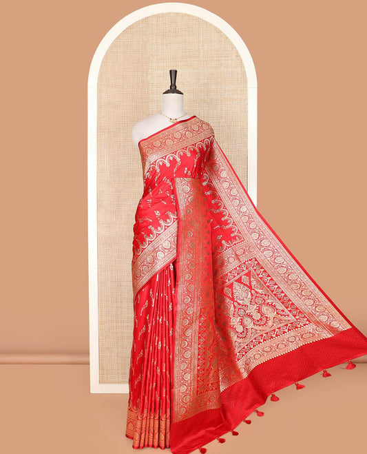 Red floral buttas and stone work banarasi silk saree, floral creeper design woven stone work border, and pallu of intricate designs