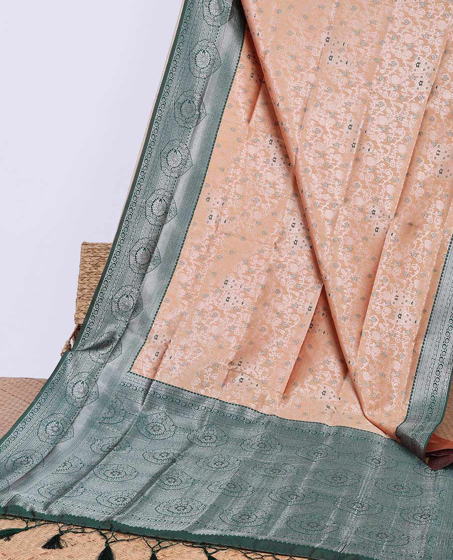Green floral butter silk saree with contrast floral design border & pallu of floral jaal design