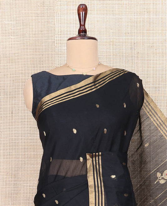 Black Chanderi Cotton Saree, Decorated with Paisley Buttas All Over Its Body, Highlighted by Zari Border, Pallu of Floral and Stripes, and Paired with a Matching Blouse