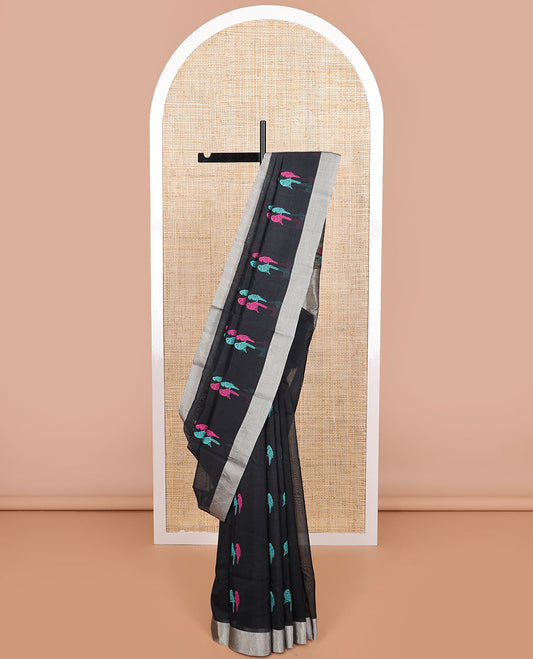 Black parrot design chanderi cotton saree with self zari border & striped pallu